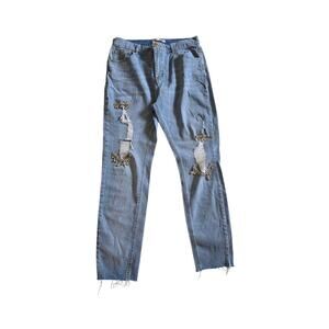 Free Generation Distressed Bling No Hem Jeans Size L 32" X 27"